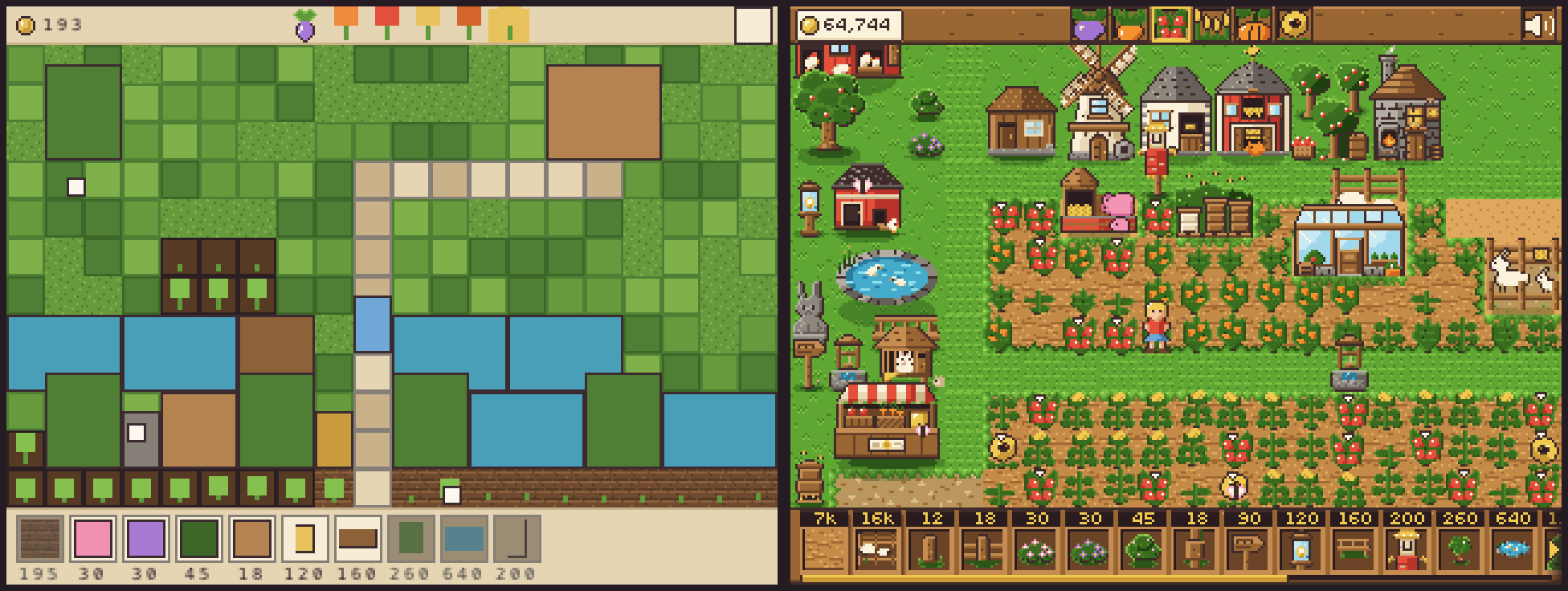 Round zero's coloured rectangles beside the finished farm sixteen hours later