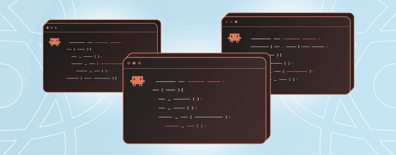 Three code editor windows with Android icons